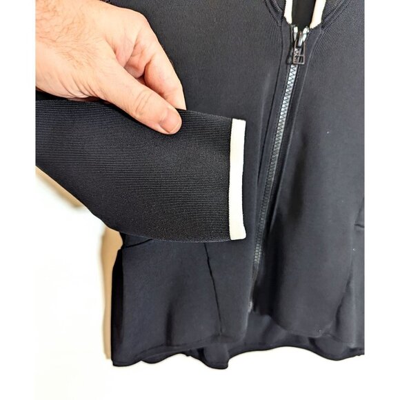 $450 Pink Tartan Canada Sz M Black Ruffle Stretch Open Blazer Jacket White Trim - Picture 6 of 7